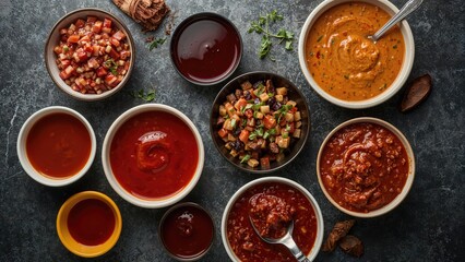Top-down view of multiple sauce containers on a black stone backdrop