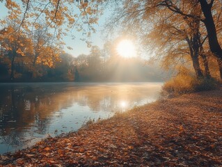 Autumn scene, fall, trees and leaves in sun light nature romantic landscape