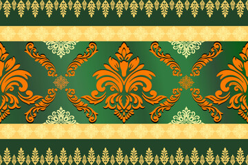 Luxurious Thai vector border pattern with orange and gold motifs on deep green background. Inspired by traditional temple art, perfect for packaging, textile, wallpaper, and cultural-themed design.