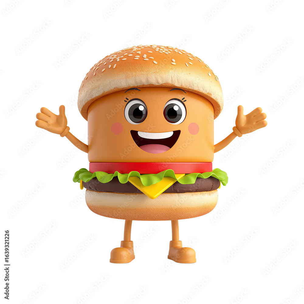 Poster whimsical hamburger character with cheerful expression against an isolated transparent space
