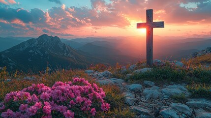 Christian cross on a background with dramatic lighting, colorful mountain sunset