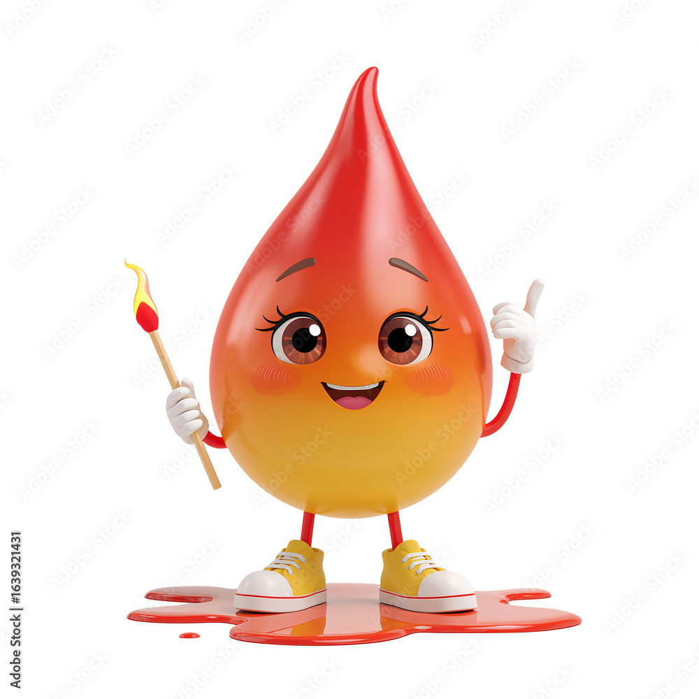 Poster animated flame character with a cheerful expression poised on a transparent surface with playful