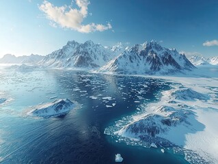 Antarctica ocean bay aerial landscape in sunny day, melting ice floe on water surface, snow covered mountains