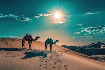 Landscape with camels in desert area, sun sand dunes, nature