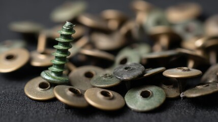 Closeup of green screw among brass tacks.