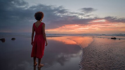 Woman in red dress at sunset.