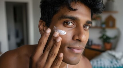 Indian man applying sunscreen.
