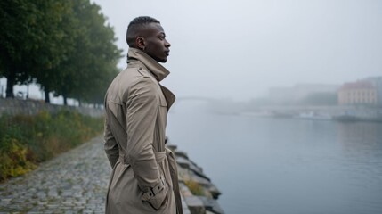 Young man in trench coat by river.
