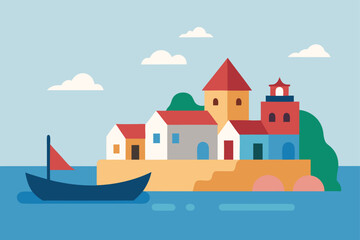 Coastal Village Vector Illustration with Boat and Buildings Graphic Art Vacation Travel Destination Design Serene Seascape Scene Colorful Flat Design