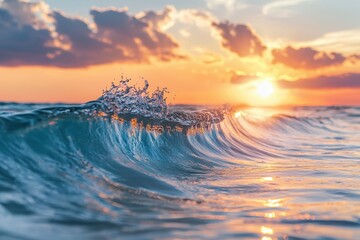 Clear sea wave in crest shape, sunset light and beautiful clouds on background