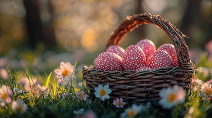 Easter painted eggs in basket on grass in sunny orchard