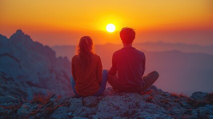 Happy couple together on the peak of a mountain at sunset landscape