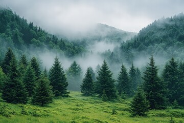 Misty mountain landscape with mysterious fir forest in fog