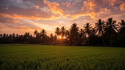 Golden Hour on Rice Fields with Towering Palm Trees