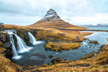 Overcast Day at Kirkjufell with Long Exposure Waterfalls