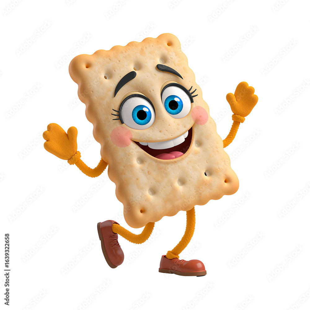 Poster whimsical cracker character with animated features conveying cheerful joy, playful biscuit design