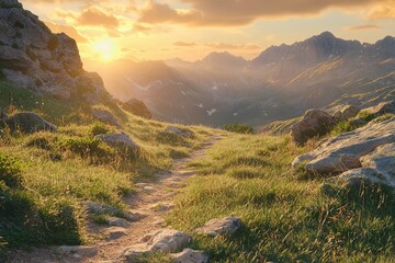 Beautiful sunset on mountain with trail leading up side, trail is surrounded by grass and rocks
