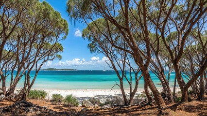 Tranquil nature scene with forest, water, and clear summer sky