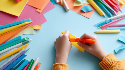 Naklejka premium Childs hands cutting colorful paper with scissors. Arts and crafts concept. Creative activities, fun projects at home or school. Education and childhood.