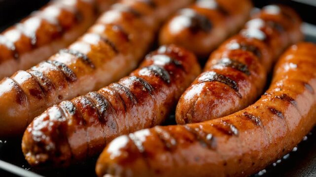 Juicy grilled sausages arranged closely, showcasing charred grill marks and shiny glaze.