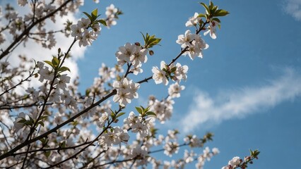 Fototapeta premium Cherry blossom tree in full bloom, spring season, white floral display, nature's beauty, clear sky backdrop