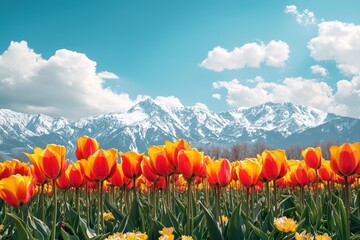 Beautiful vertical landscape of tulip field with snowy mountains in the background