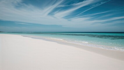 Fototapeta premium Bright blue skies and transparent seas accompany a spotless white sandy coast, crafting an impressive natural vista ideal for summer trips.
