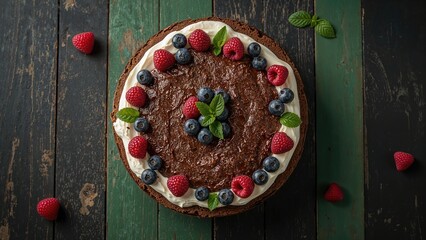 No-Bake Chocolate Cake Featuring Cream Cheese And Fresh Berry Garnish On Colorful Pine Boards
