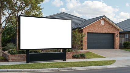 Unmarked white signboard for real estate promotion positioned in front of a suburban brick dwelling.