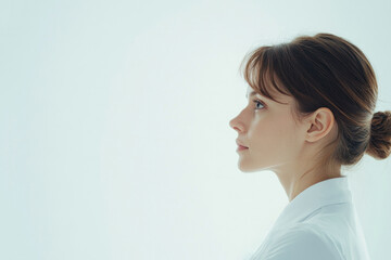 Profile of a serious young female doctor on a blue background. Medical banner. Free space for copying. Reminder of the time of appointment or examination. Doctors' advice