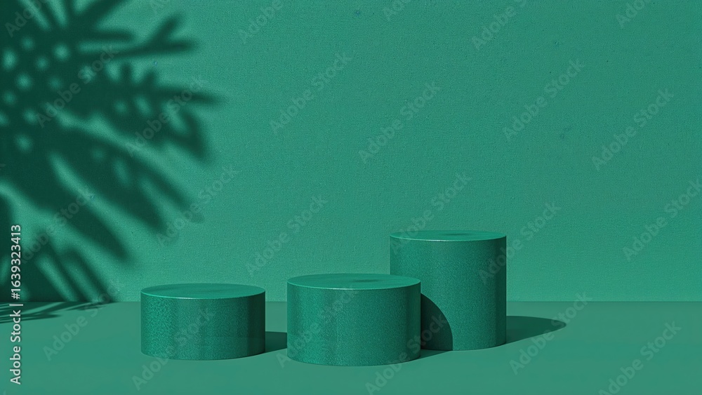 Poster multiple wooden stands of diverse heights set against a green background, highlighted by linear shad