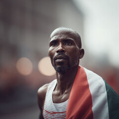 Fototapeta premium Determined athlete draped in a flag, symbolizing achievement and national pride. Powerful image for themes of sports, victory, resilience, and patriotism.