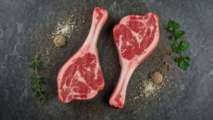Two raw marbled T-bone steaks with spices and herbs on a stone surface, space for text included.