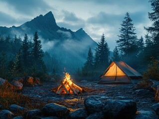 Tourist camp with fire, tent and firewood landscape nature