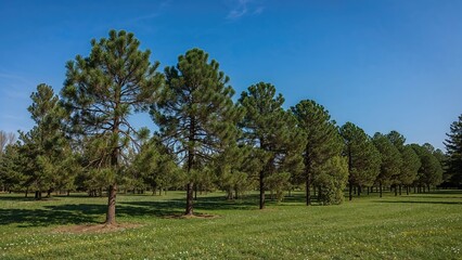 Tranquil environment with lofty pine trees on a green meadow under a clear sky, creating a soothing and picturesque natural landscape.