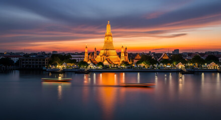 Fototapeta premium Temple at Sunset: Capturing the majestic silhouette of a historical temple, bathed in the golden hues of sunset, reflecting beautifully on the tranquil waters below, showcasing the blend of culture.