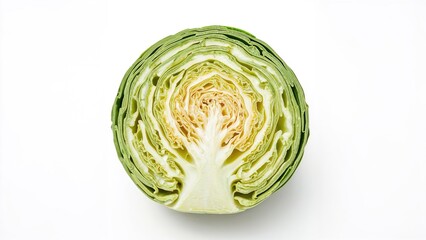 Half of a cabbage showing fresh leaves, a nutritious vegetable ideal for raw diets, displayed on a white backdrop.