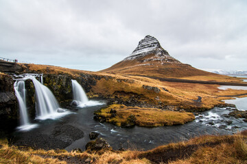 Overcast Day at Kirkjufell with Long Exposure Waterfalls