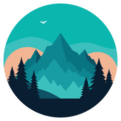 Obraz premium Vector art of stylized mountain landscape with pine trees and a sunset in a circular frame