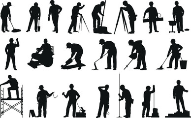 Obraz premium Silhouettes of construction workers with tools, safety helmets, heavy equipment, working on site, scaffolding, measuring, manual labor, industrial, building, vector illustration