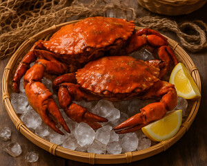 Fresh raw crabs on ice at the fish market. Seafood in store, product display shelf	