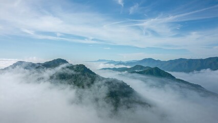Mountains enveloped in fog