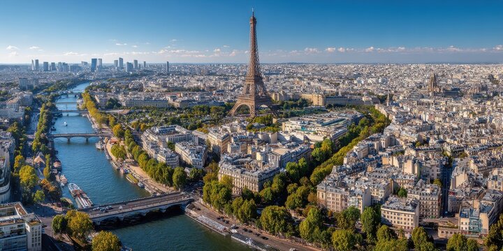 Elegant photo of aerial cityscape view on the Eiffel tower during the sunny day in Paris.