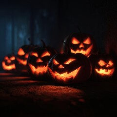 Glowing Jack-o'-lanterns on a spooky night, Halloween celebration