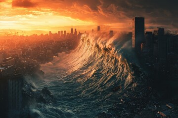 Gigantic tsunami is approaching the city, flashover city cataclysm landscape panorama