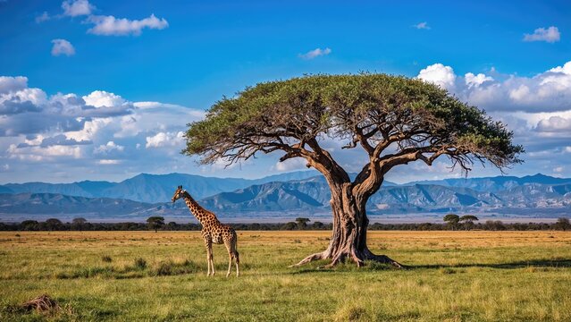Open grassland scene featuring a single giraffe merged with a tree against a backdrop of hills and blue sky - Powered by Adobe