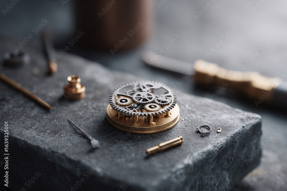 Poster intricate gears tools on textured stone. symbolic of precision, engineering, time. ideal for technic