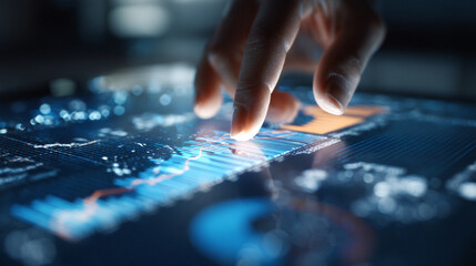 Closeup of Hand Drawing on Futuristic Holographic Display, Technology and Business Development Concept, Professional Using Digital Touchscreen Interface for Data Analysis and Planning in Modern Office