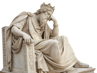 Contemplative King: Marble Statue of a Crowned Monarch in Thoughtful Pose on transparent background