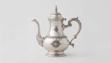 Lone silver teapot designed for brewing tea on a plain white surface.